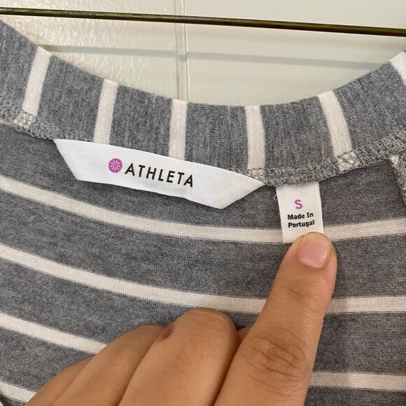 Athleta Striped Maxi Dress Small | Gray Ruched Side Slit Casual Travel Dress - Picture 3 of 6